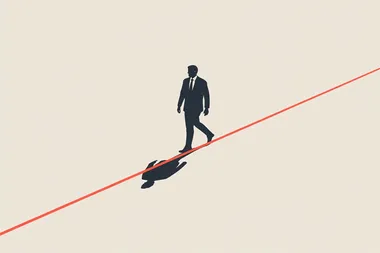 A man in a suit walking on a line, a simple flat vector illustration with a red outline and shadow, a simple background, minimalism, a minimalistic style, minimal color, low details, simple shapes, low detail, a 2D render, simple, low resolution.