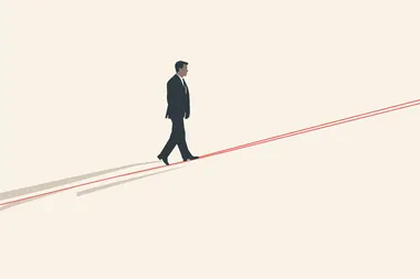 A man in a suit walking on a line, a simple flat vector illustration with a red outline and shadow, a simple background, minimalism, a minimalistic style, minimal color, low details, simple shapes, low detail, a 2D render, simple, low resolution.