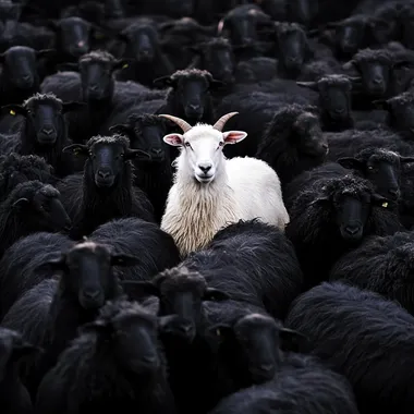 a lot of completely black sheeps and one white goat in the middle of them