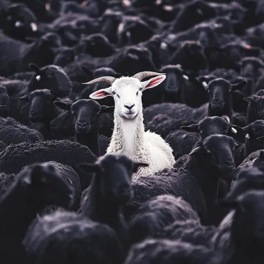 a lot of completely black sheeps and one white goat in the middle of them