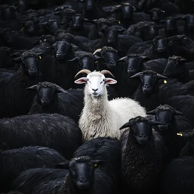 a lot of completely black sheeps and one white goat in the middle of them