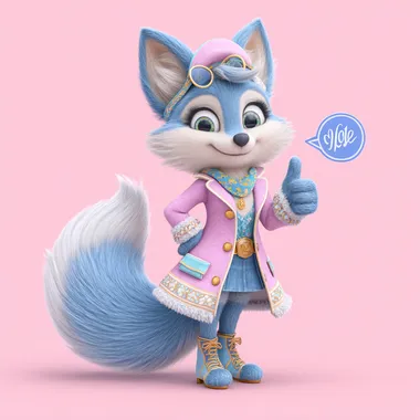 Blue fox beautiful feminine female character with feminine figure, shows thumb up, pink wear, bright pink background   pvv1rb9 --s 700