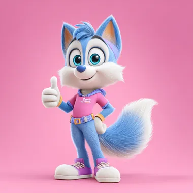 Blue fox beautiful feminine female character with feminine figure, shows thumb up, pink wear, bright pink background   pvv1rb9 --s 700