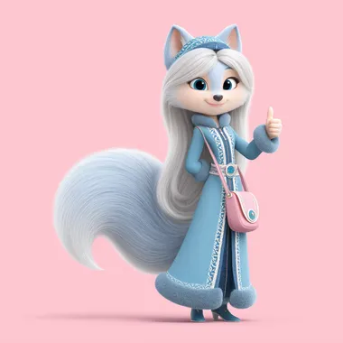 Blue fox beautiful feminine female character with feminine figure, shows thumb up, pink wear, bright pink background   pvv1rb9 --s 700