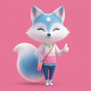 Blue fox beautiful feminine female character with feminine figure, shows thumb up, pink wear, bright pink background   pvv1rb9 --s 700