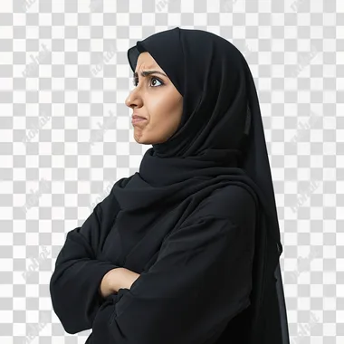 a saudi woman standing facing forward looking to her side profile with funny shocked expression white background