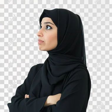 a saudi woman standing facing forward looking to her side profile with funny shocked expression white background