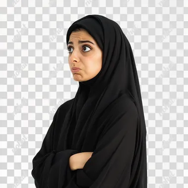 a saudi woman standing facing forward looking to her side profile with funny shocked expression white background