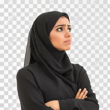 a saudi woman standing facing forward looking to her side profile with funny shocked expression white background