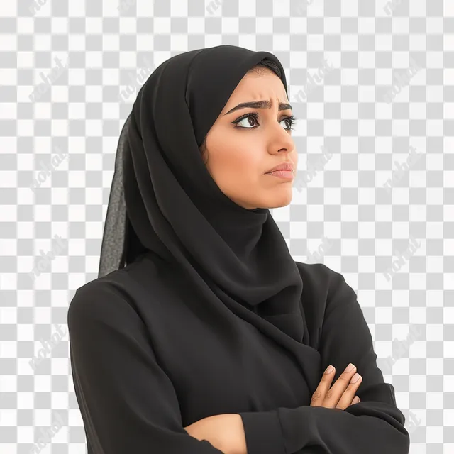 a woman wearing a black hijab with her arms crossed