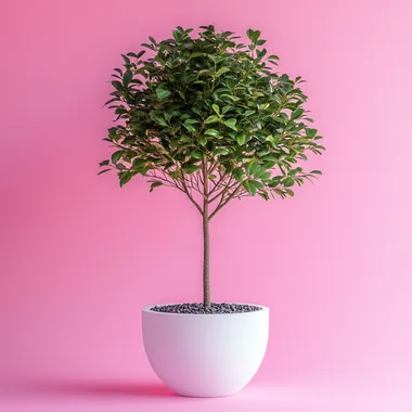 Very Big green tree in white, beautifully pot. On a pink background