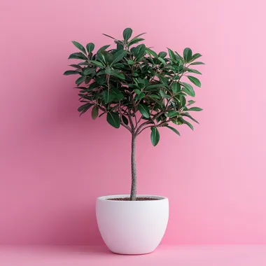 Very Big green tree in white, beautifully pot. On a pink background