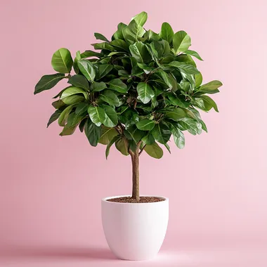 Very Big green tree in white, beautifully pot. On a pink background