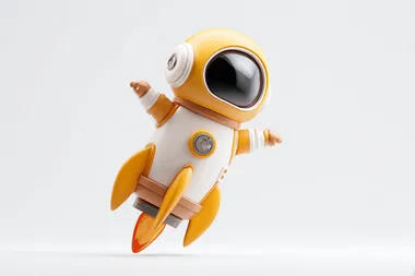 3D render of a yellow and white cartoon astronaut flying on a rocket, on a white background, cartoon style, Pixar style, with a cute character design, simple and minimalistic, 2D illustration, at an angle of 45 degrees, showing the whole body, with arms spread out to the sides
