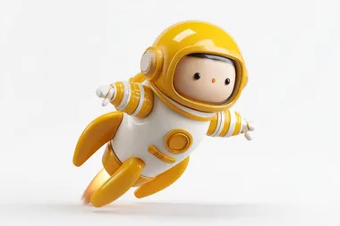 3D render of a yellow and white cartoon astronaut flying on a rocket, on a white background, cartoon style, Pixar style, with a cute character design, simple and minimalistic, 2D illustration, at an angle of 45 degrees, showing the whole body, with arms spread out to the sides