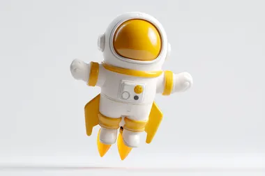 3D render of a yellow and white cartoon astronaut flying on a rocket, on a white background, cartoon style, Pixar style, with a cute character design, simple and minimalistic, 2D illustration, at an angle of 45 degrees, showing the whole body, with arms spread out to the sides