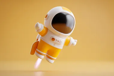 3D render of a yellow and white cartoon astronaut flying on a rocket, on a white background, cartoon style, Pixar style, with a cute character design, simple and minimalistic, 2D illustration, at an angle of 45 degrees, showing the whole body, with arms spread out to the sides