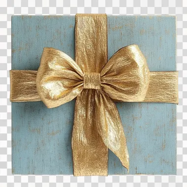 blue box with a gold big gift bow in three-quarter perspective front view on a white background