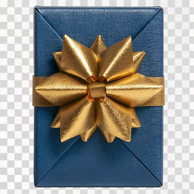 blue box with a gold big gift bow in three-quarter perspective front view on a white background