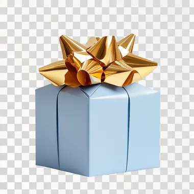 blue box with a gold big gift bow in three-quarter perspective front view on a white background