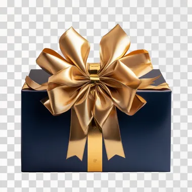 blue box with a gold big gift bow in three-quarter perspective front view on a white background