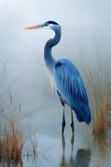 Majestic blue heron standing gracefully in shallow water, long neck curved in an S-shape, delicate reeds swaying gently around it, soft morning mist rising in the background, warm sunrise glow reflecting on water, feathers detailed in shades of blue, slate gray, and hints of white, minimalist and serene atmosphere, vertical composition, soft painterly style, fine art canvas wall dcor aesthetic