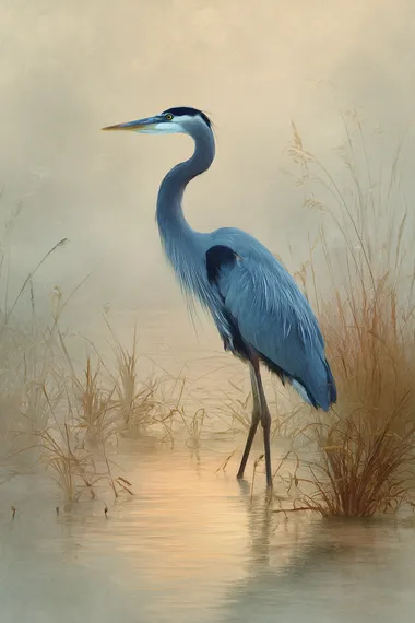 Majestic blue heron standing gracefully in shallow water, long neck curved in an S-shape, delicate reeds swaying gently around it, soft morning mist rising in the background, warm sunrise glow reflecting on water, feathers detailed in shades of blue, slate gray, and hints of white, minimalist and serene atmosphere, vertical composition, soft painterly style, fine art canvas wall dcor aesthetic