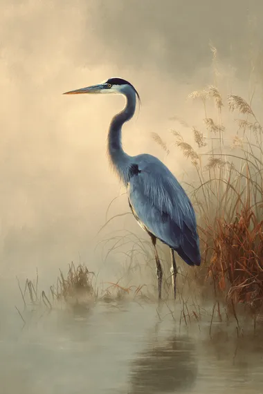 Majestic blue heron standing gracefully in shallow water, long neck curved in an S-shape, delicate reeds swaying gently around it, soft morning mist rising in the background, warm sunrise glow reflecting on water, feathers detailed in shades of blue, slate gray, and hints of white, minimalist and serene atmosphere, vertical composition, soft painterly style, fine art canvas wall dcor aesthetic