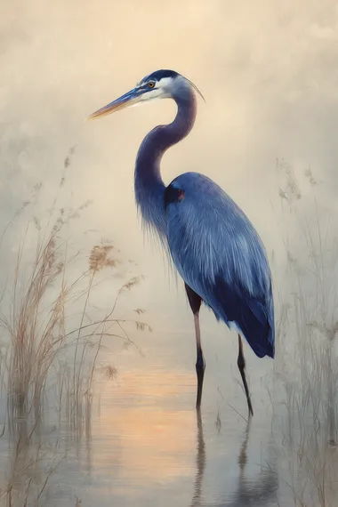 Majestic blue heron standing gracefully in shallow water, long neck curved in an S-shape, delicate reeds swaying gently around it, soft morning mist rising in the background, warm sunrise glow reflecting on water, feathers detailed in shades of blue, slate gray, and hints of white, minimalist and serene atmosphere, vertical composition, soft painterly style, fine art canvas wall dcor aesthetic