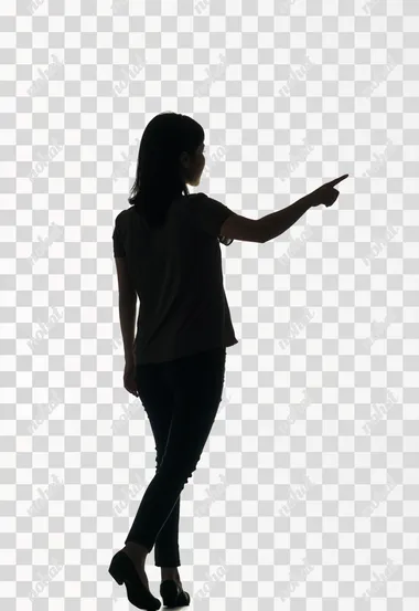 real photography fujifilm superia, full HD, taken on a Canon Mark IV F1.2 ISO100 50MM, black silhouette back view of walking young woman pointing. Rear view people collection. She are dressed with social clothes and sober colors, General plan, full body, backside view of person. Isolated over white background, ultra hd   --s 50