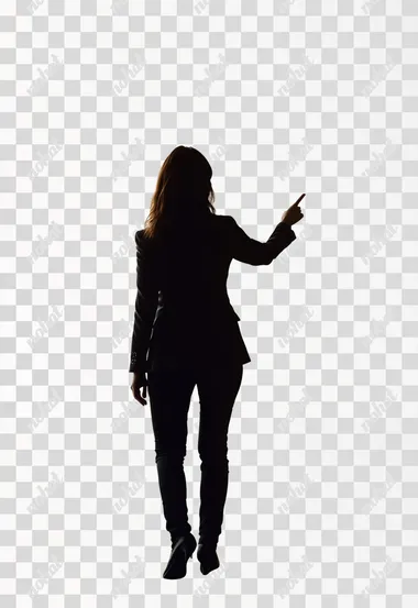 real photography fujifilm superia, full HD, taken on a Canon Mark IV F1.2 ISO100 50MM, black silhouette back view of walking young woman pointing. Rear view people collection. She are dressed with social clothes and sober colors, General plan, full body, backside view of person. Isolated over white background, ultra hd   --s 50