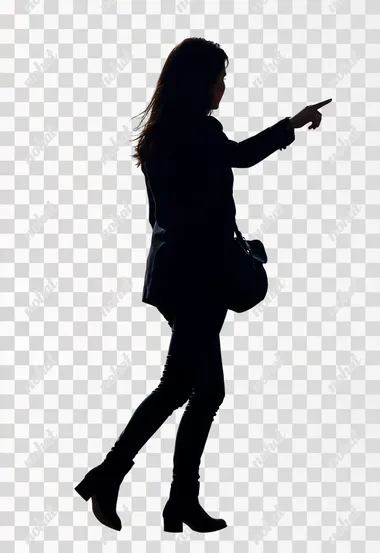 real photography fujifilm superia, full HD, taken on a Canon Mark IV F1.2 ISO100 50MM, black silhouette back view of walking young woman pointing. Rear view people collection. She are dressed with social clothes and sober colors, General plan, full body, backside view of person. Isolated over white background, ultra hd   --s 50