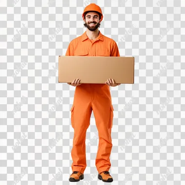 create a real imag of a full body delivery happy man wear a orange color uniform and holding logistic delivery big box front view on a white background
