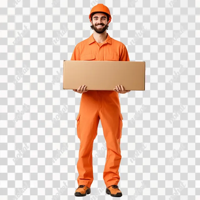a man in an orange jumpsuit holding a cardboard box