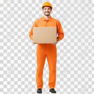 create a real imag of a full body delivery happy man wear a orange color uniform and holding logistic delivery big box front view on a white background