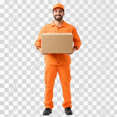 create a real imag of a full body delivery happy man wear a orange color uniform and holding logistic delivery big box front view on a white background