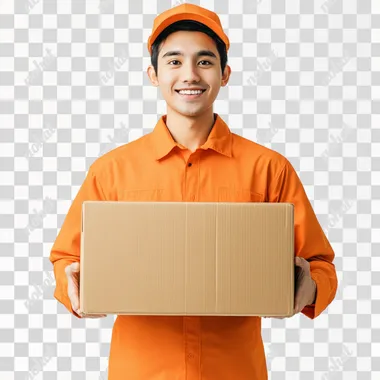 create a real imag of a full body delivery happy man wear a orange color uniform and holding logistic delivery big box front view on a white background