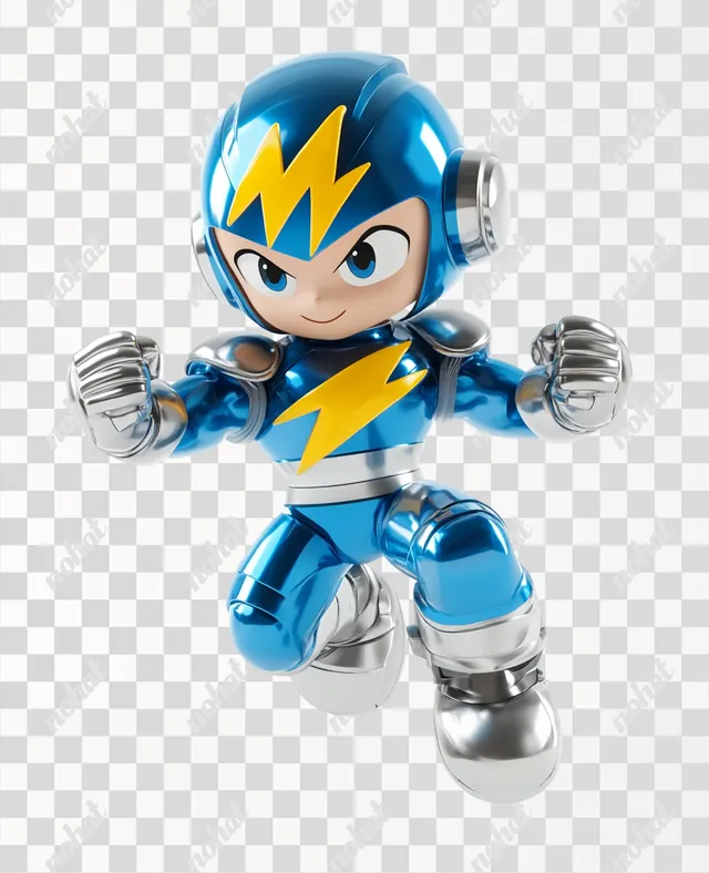 PNG 3D Chibi Anime Mega Man in Blue Suit with Yellow Lightning Bolt