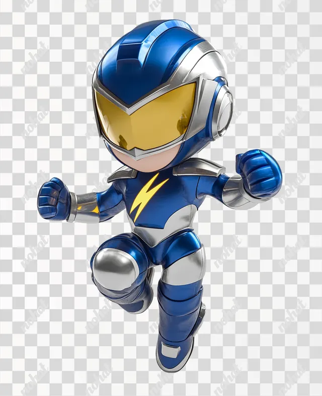 PNG Mega Man 3D Chibi Anime Render in Blue Silver Suit Jumping Pose