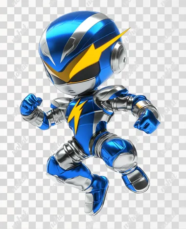 3D rendering of the character Mega Man in his iconic blue and silver suit. He is wearing a lightning helmet with a yellow thunder icon on it, in a jumping pose, against a white background, full body shot, in the style of a Blender render and a chibi anime style.