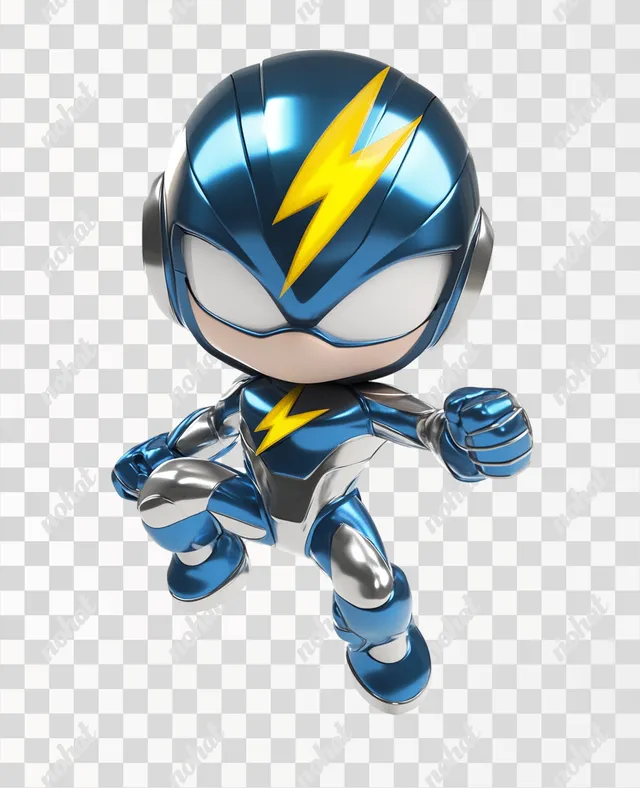 PNG Mega Man Chibi Figurine in Blue and Silver Suit with Flash Symbol