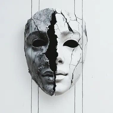 A surrealist collage of a broken theater mask of tragedy and comedy, with puppet strings hanging down from each side. One half of the mask is suspended by a string, while the other half is also suspended by another string but shattered. The overall composition is minimalist, with a solid white background. The color palette consists of cool tones, emphasizing the contrast between the broken mask and the delicate strings, evoking a sense of fragility and emotional tension. --s 250