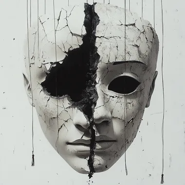 A surrealist collage of a broken theater mask of tragedy and comedy, with puppet strings hanging down from each side. One half of the mask is suspended by a string, while the other half is also suspended by another string but shattered. The overall composition is minimalist, with a solid white background. The color palette consists of cool tones, emphasizing the contrast between the broken mask and the delicate strings, evoking a sense of fragility and emotional tension. --s 250