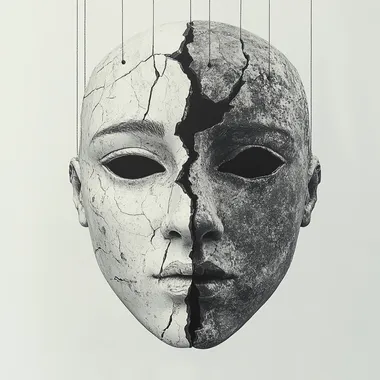 A surrealist collage of a broken theater mask of tragedy and comedy, with puppet strings hanging down from each side. One half of the mask is suspended by a string, while the other half is also suspended by another string but shattered. The overall composition is minimalist, with a solid white background. The color palette consists of cool tones, emphasizing the contrast between the broken mask and the delicate strings, evoking a sense of fragility and emotional tension. --s 250