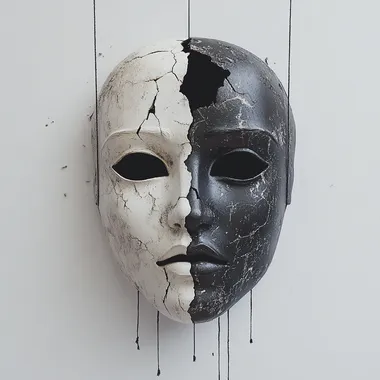 A surrealist collage of a broken theater mask of tragedy and comedy, with puppet strings hanging down from each side. One half of the mask is suspended by a string, while the other half is also suspended by another string but shattered. The overall composition is minimalist, with a solid white background. The color palette consists of cool tones, emphasizing the contrast between the broken mask and the delicate strings, evoking a sense of fragility and emotional tension. --s 250