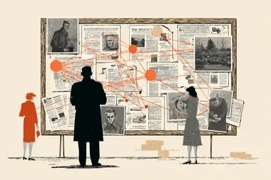 illustration of a noticeboard with threads connecting different clues and newspaper cuttings, isolated on white