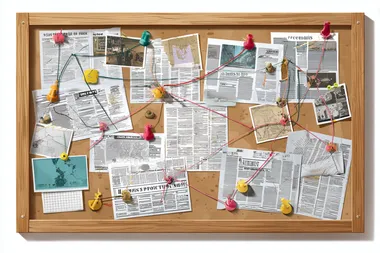 illustration of a noticeboard with threads connecting different clues and newspaper cuttings, isolated on white