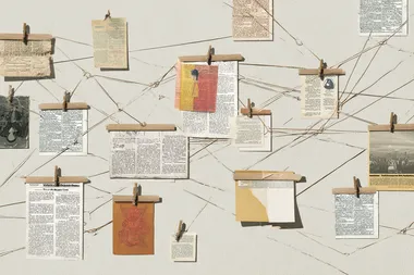 illustration of a noticeboard with threads connecting different clues and newspaper cuttings, isolated on white