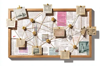illustration of a noticeboard with threads connecting different clues and newspaper cuttings, isolated on white