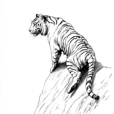 black and white, line drawing, full body tiger climbing